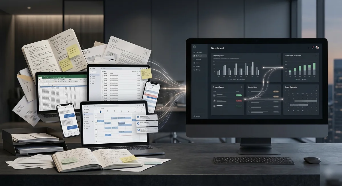 Business owner reviewing automated reports on laptop in modern office