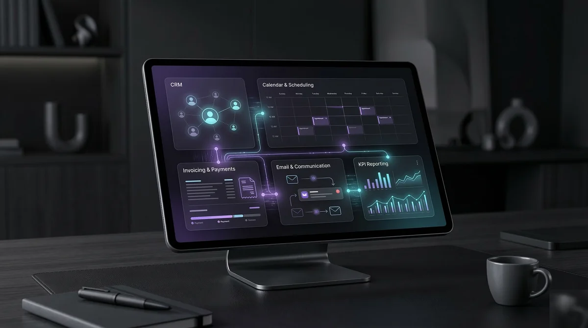 Small business automation dashboard showing connected tools and daily metrics