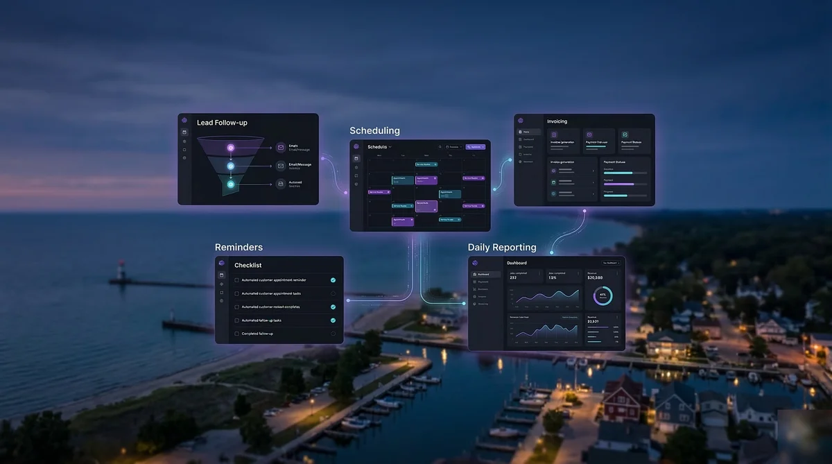 Small business owner in Southwest Michigan reviewing automated systems on tablet