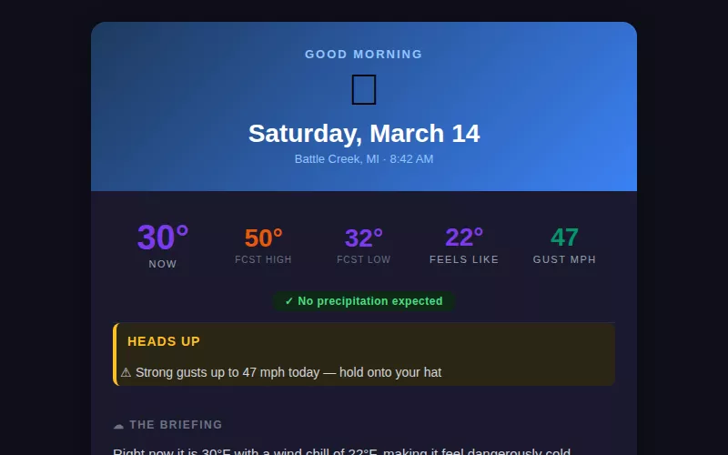 Parallax Cirrus AI weather intelligence email showing current conditions, forecast, and alerts