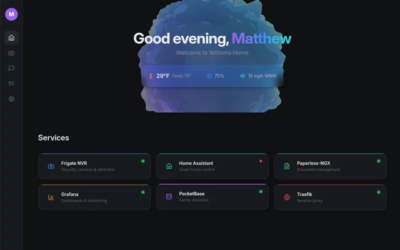 Smart Home Portal with weather, service monitoring, and integrated controls